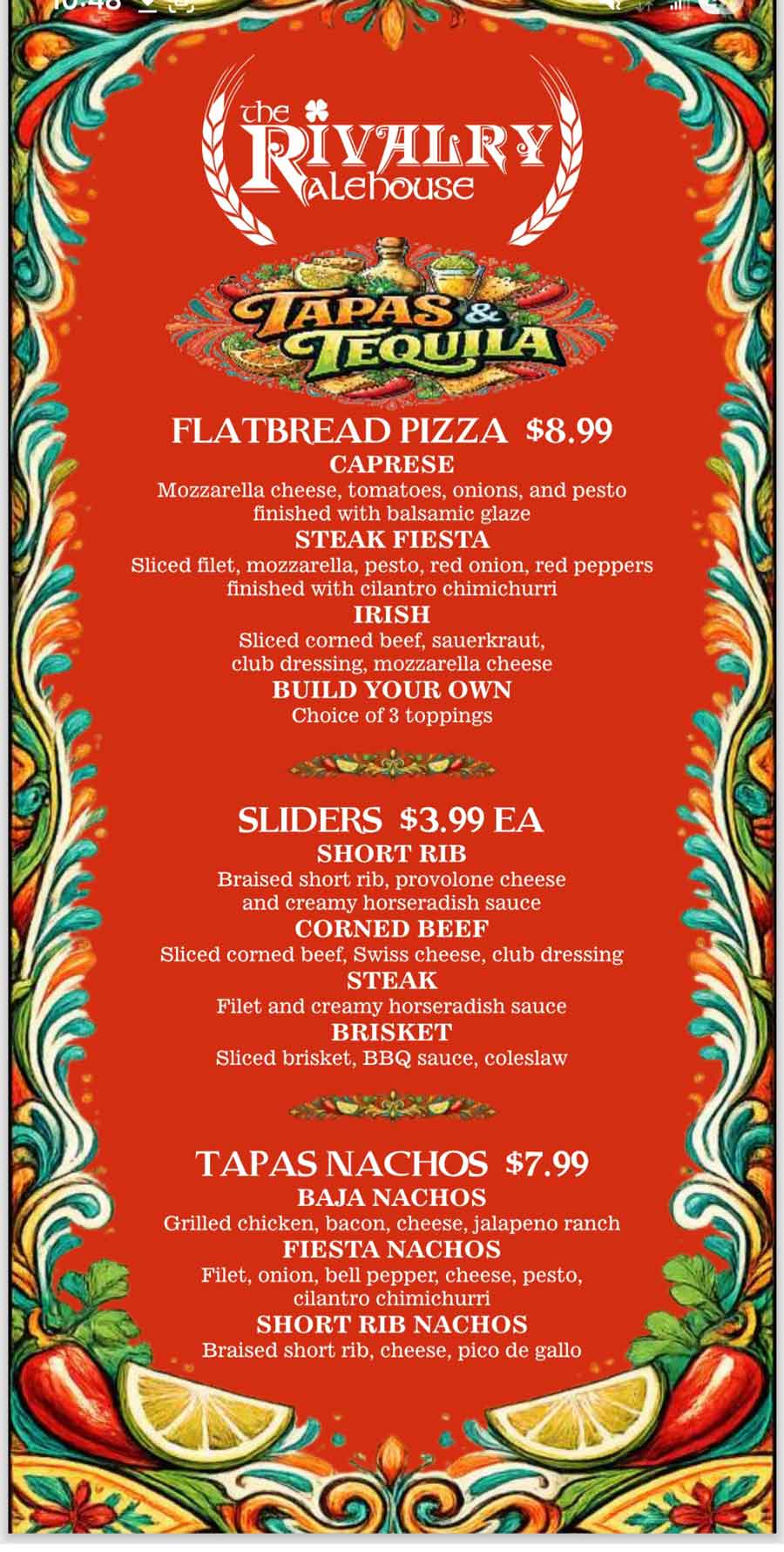 Rivalry Alehouse Thursday Tapas and Tequila food Specials