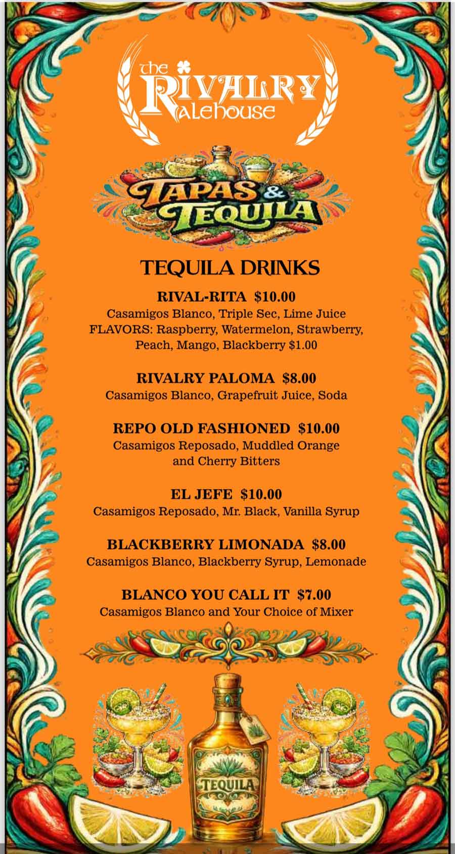 Rivalry Alehouse Thursday Tapas and Tequila drink Specials